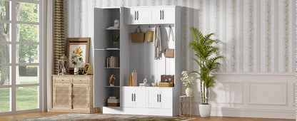 Hall Tree with Bench and Shoe Storage, Entryway Coat Rack with Storage, 4-in-1 Entryway Bench with 6 Cabinets, 4 Coat Hooks & Adjustable Shelf, Mudroom Bench with Storage and Hooks for Hallway, Livin