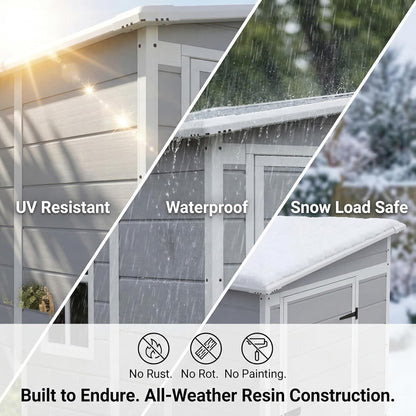 Devoko 5 x 4 FT Resin Outdoor Storage Shed with Floor, Plastic Tool Shed with Window, Outside Waterproof Garden Shed with Lockable Door for Patio, Lawn, Backyard, Poolside, Light Grey