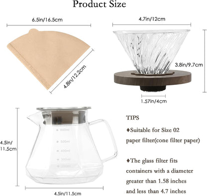 Pour Over Coffee Maker, 20 oz Borosilicate Glass Carafe with 100 pcs V60 Paper Filter, Walnut Handle, Clear