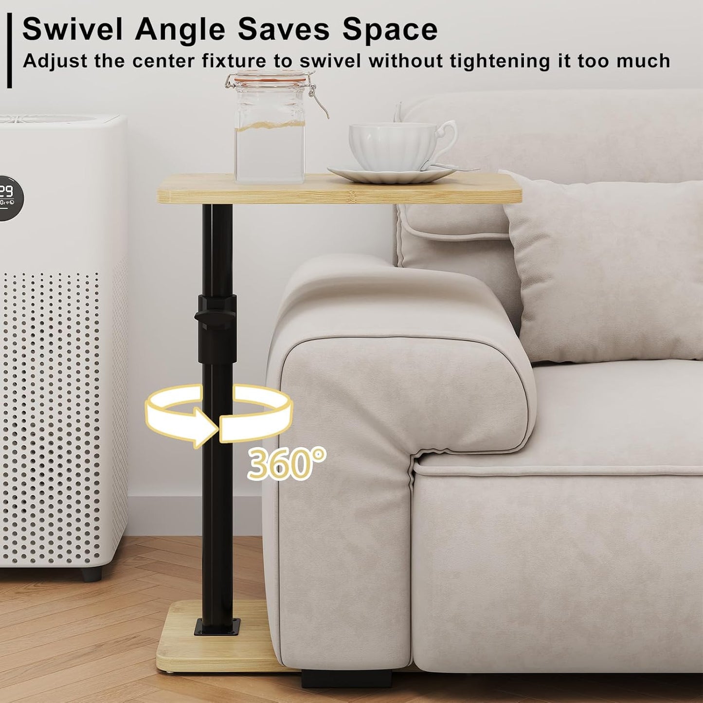 2Pcs 360 (2PCS, Sofa Armrest Tray Table - Bamboo Swivel TV Trays - Height Adjustable Side Table for Bed or Chair
