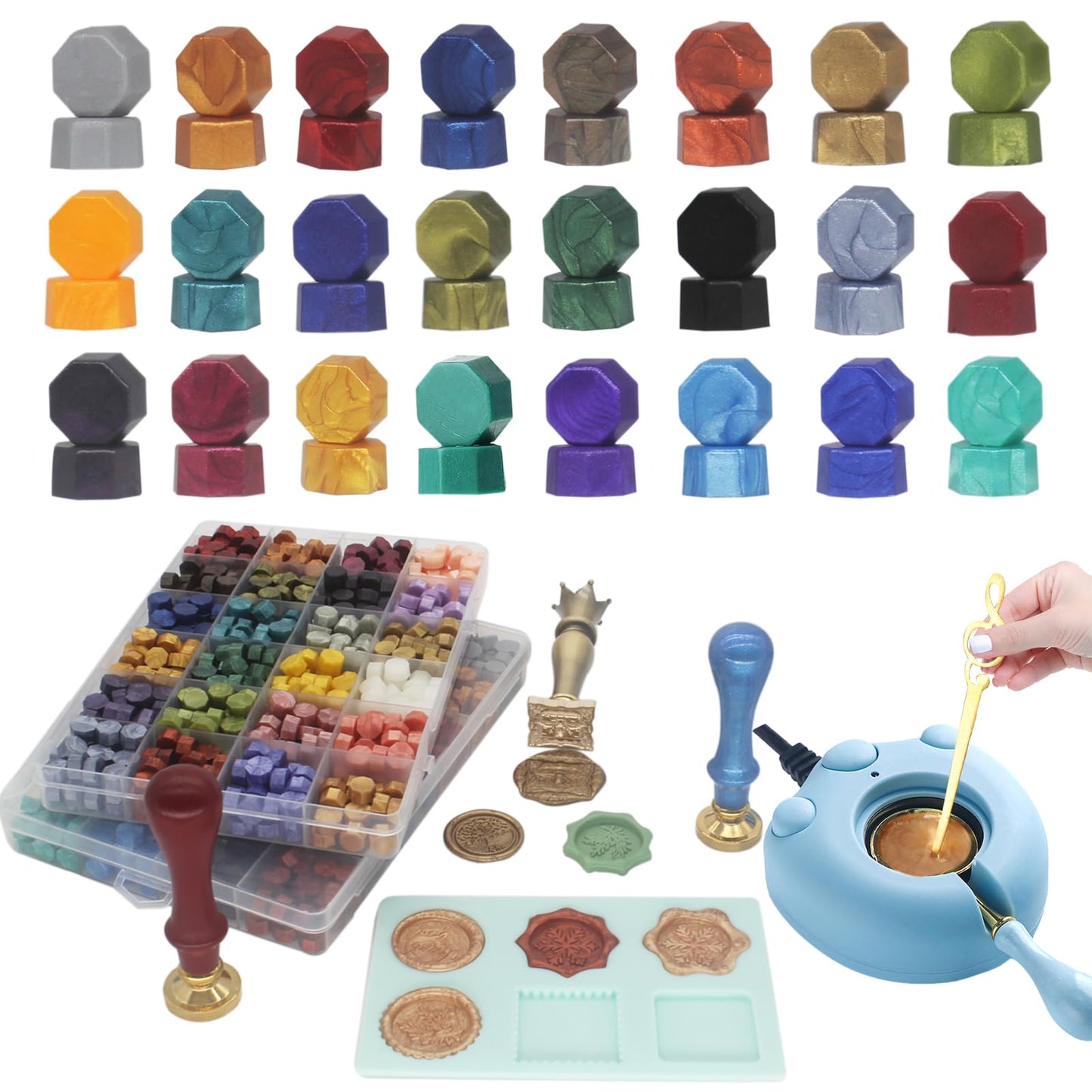Andotopee Wax Seal Kit With 24 Colors Envelope Stamp Seals Beads 600pcs, Tree of Life Sealing Stamp, Electric Wax Seal Warmer Set, Silicone Mold, Metallic Pen, 120 Removable Sticky Dots, Spoon Cleaner