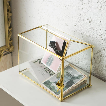 Glass Wedding Card Box with Slot, Large Clear 10.2 inch Gold Brass Gift Card Storage Box with Lock for Wedding