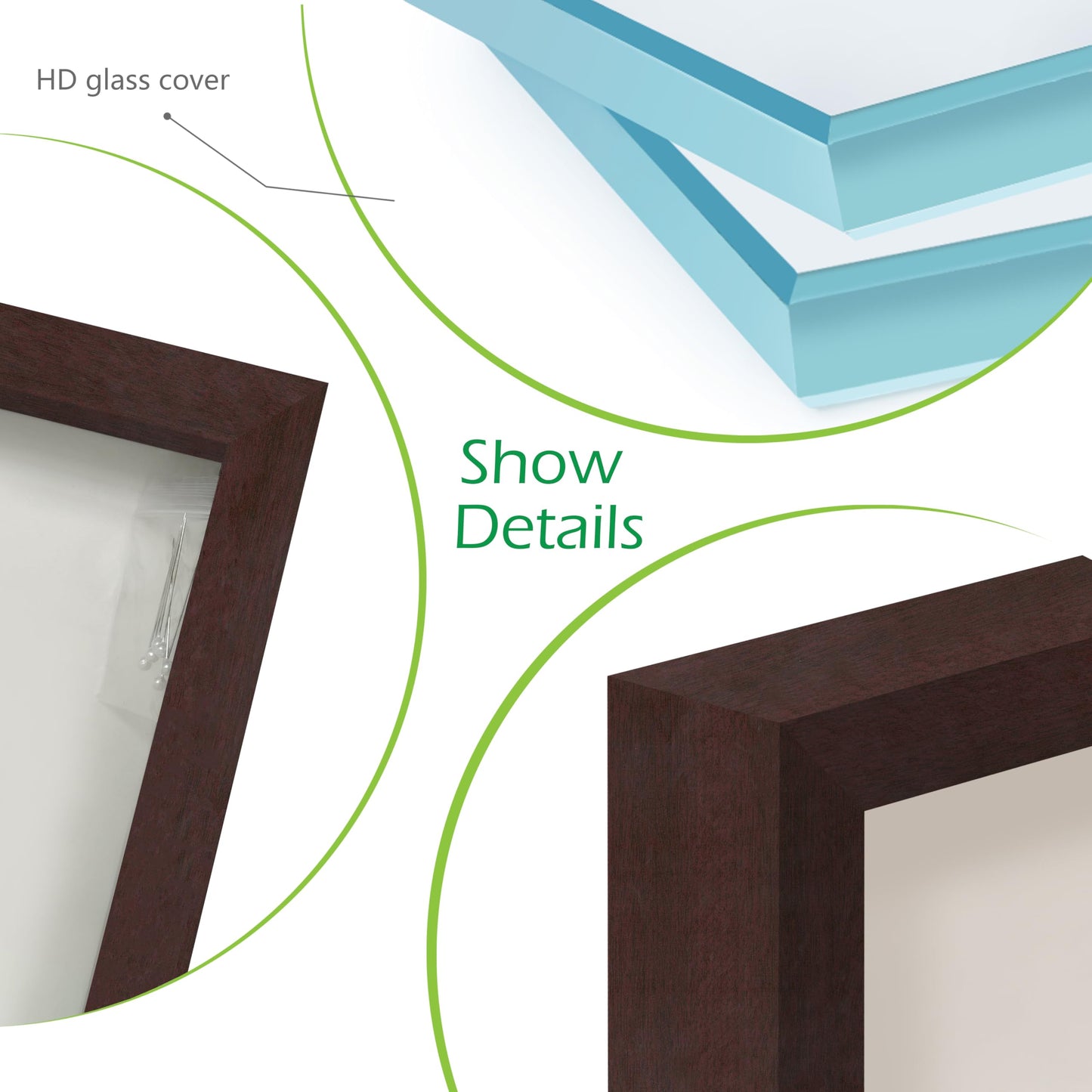 FrameWorks 11' x 11' Mahogany Wooden Shadow Box Frame Display Case with Soft Felt Back, Tempered Glass, Elegant White Ball Push Pins