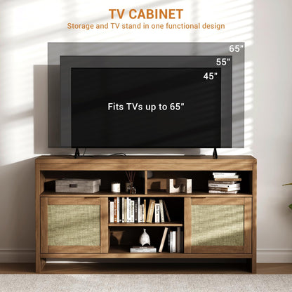 Boho TV Stand for TV up to 65 Inch,58"Modern Rattan Entertainment Center with Storage and Adjustable Shelves,Wooden Media TV Console Cabinet with Doors for Living Room/Bedroom/Apartment/Farmhouse(Oak)
