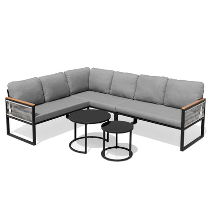 Crestlive 6 Piece Patio Furniture Set, Modern L-Shaped Outdoor Sectional Sofa with Nesting Tables, 4 Inch Thick Cushion, All Weather Resistant Outdoor Furniture Set for Backyard Patio Garden