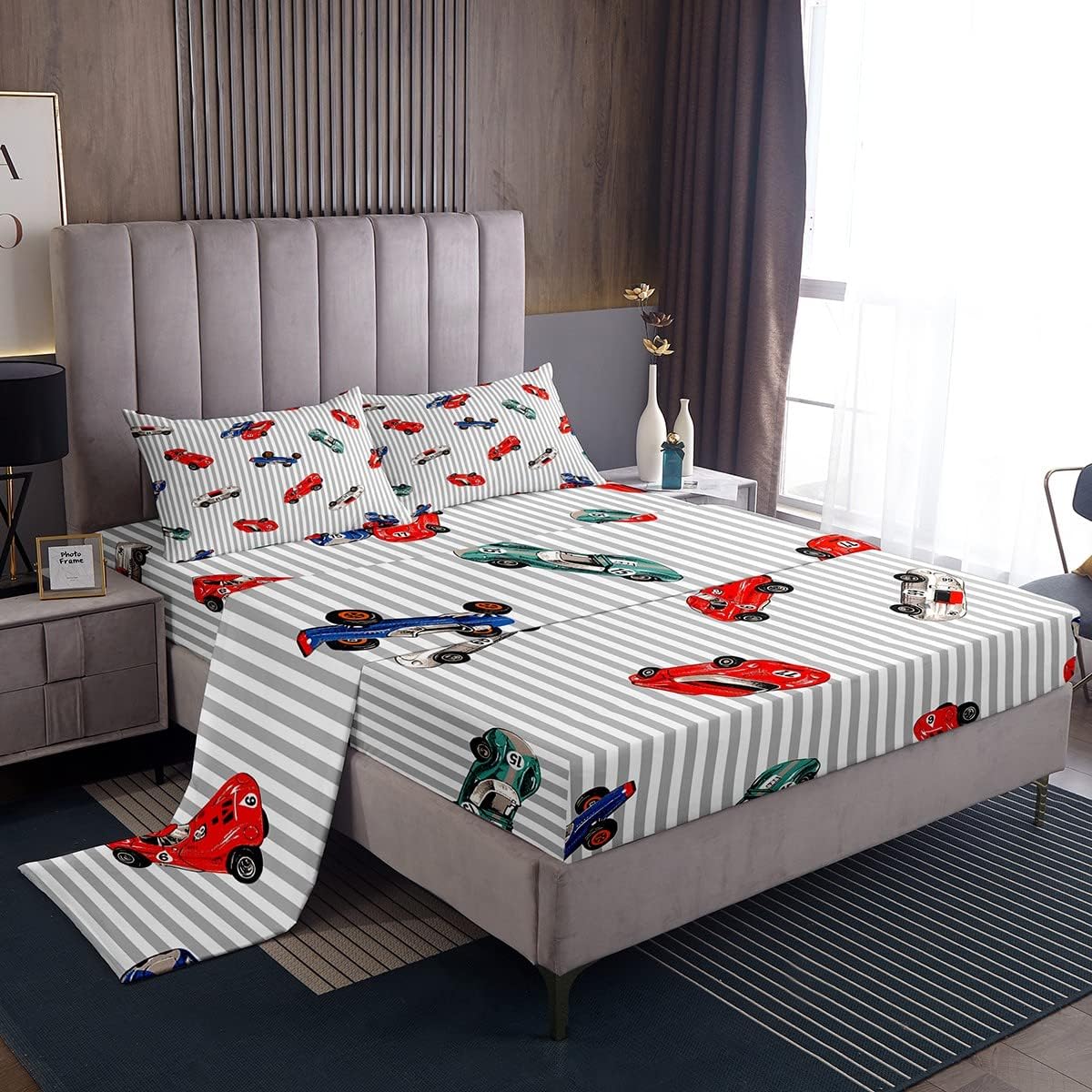 Set Set Feelyou Race car Bed Sheet Speed Sports Car Bedding Racing Car Fitted Sheet White Grey Flat Sheet for Kids Boys