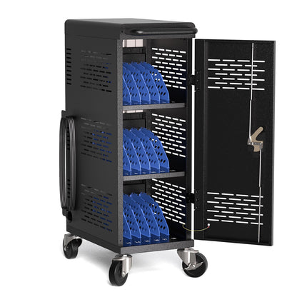 Fully Assembled 18-Device Charging Cart for Chromebook - Locking Laptop Cabinet with Cable Management, Cord Organization, Power Strip - Locks and Stores Tablets up to 14'' and 1.4'' Thick (Black)