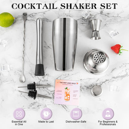 Cocktail Shaker Set, 6-Piece 18/8 Food-Grade Stainless Steel Mixology Bartender Kit - Premium Bar Tools with Muddler, Jigger, Spoon & Pourers - Rust-Proof, Leak-Proof & Dishwasher Safe Gift for Men