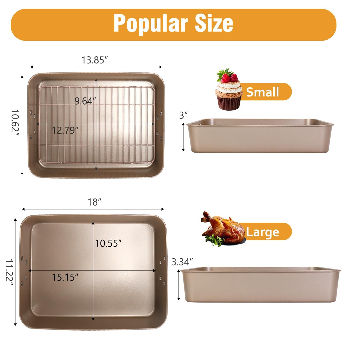 Roasting Pans with Handles, Bakeware Nonstick Steel Roaster with Flat Rack, Lasagna Pan 3 Inch Deep Baking Pan for Oven, Rectangle Cake Pans, Heavy Duty, Dishwasher Safe, 2 Pcs 13.7"16", Gold
