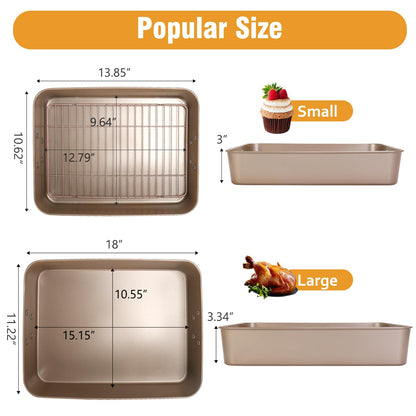 Roasting Pans with Handles, Bakeware Nonstick Steel Roaster with Flat Rack, Lasagna Pan 3 Inch Deep Baking Pan for Oven, Rectangle Cake Pans, Heavy Duty, Dishwasher Safe, 2 Pcs 13.7"16", Gold