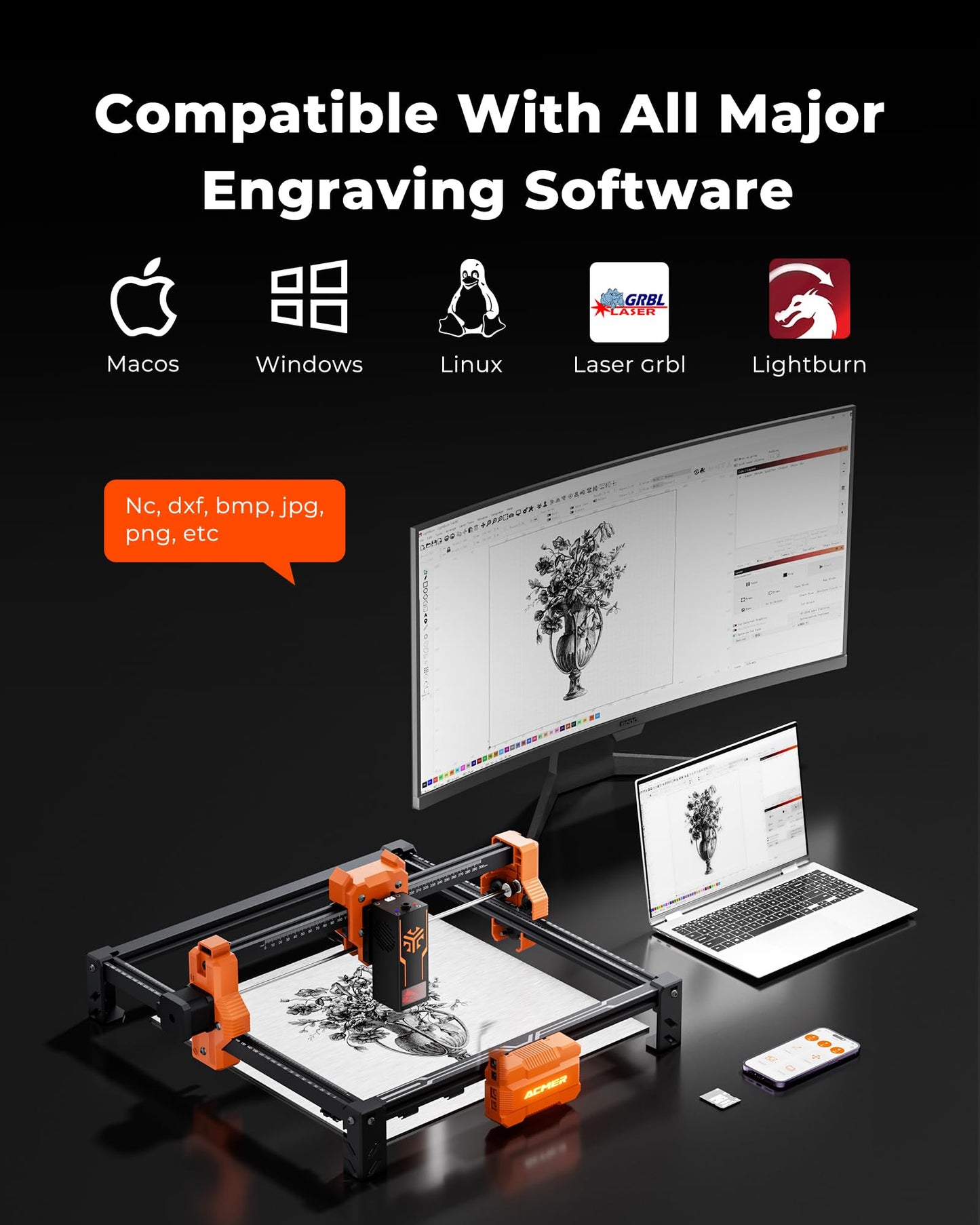 ACMER S2 Laser Engraver, 12000mW Laser Cutter Engraving Machine, 72W Output, 0.01mm Precision, 300x300mm Area, 10000mm/min Speed, for Wood, Metal, Leather, Acrylic, DIY & Education
