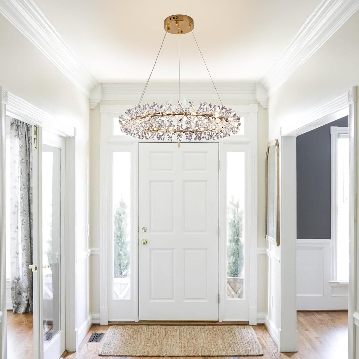 Axamate Modern Crystal Chandeliers D24 Gold Ring Chandelier Light Fixture Adjustable Hanging Ceiling Light for Living Room Bedroom Dining Room Laundry Room Foyer Kitchen Island