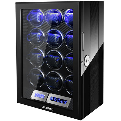 LELTNSOU Watch Winder for 12 Winding Spaces Automatic Watches with Fingerprint Unlock, Ultra-Quiet Japanese Motors, Built-in LED Illumination and LCD Touchscreen Control