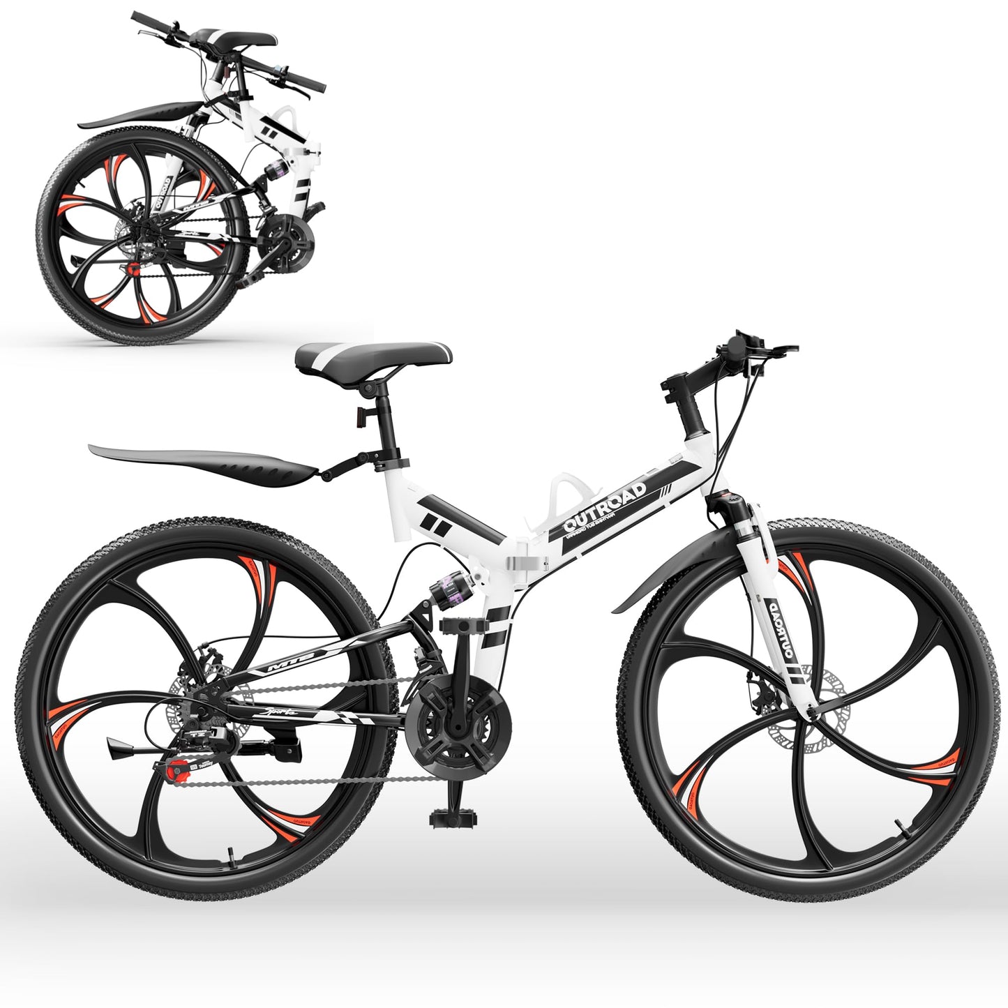 Outroad 26 Inch Folding Mountain Bike, 21 Speed Dual Disc Brake Non-Slip Folding Bikes, Full Suspension High-Carbon Steel MTB Foldable Bicycle for Adults/Women/Men, White