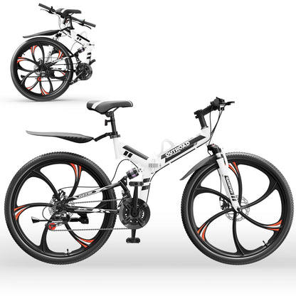 Outroad 26 Inch Folding Mountain Bike, 21 Speed Dual Disc Brake Non-Slip Folding Bikes, Full Suspension High-Carbon Steel MTB Foldable Bicycle for Adults/Women/Men, White