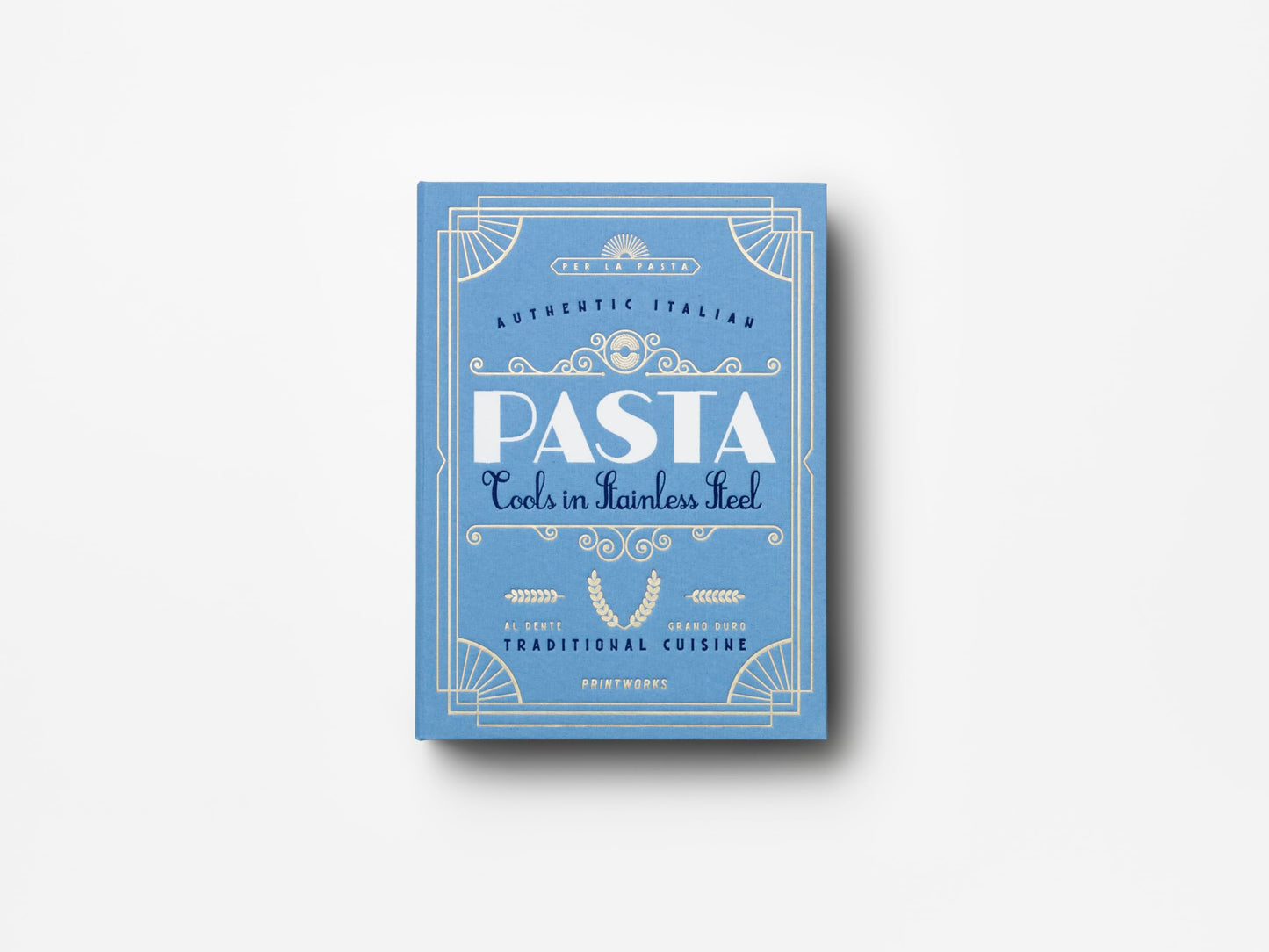 Printworks The Essentials, Pasta Tools – Pasta Kit with Spaghetti Tong, Spaghetti Measurer & Grater in Bright Blue Book-Style Case