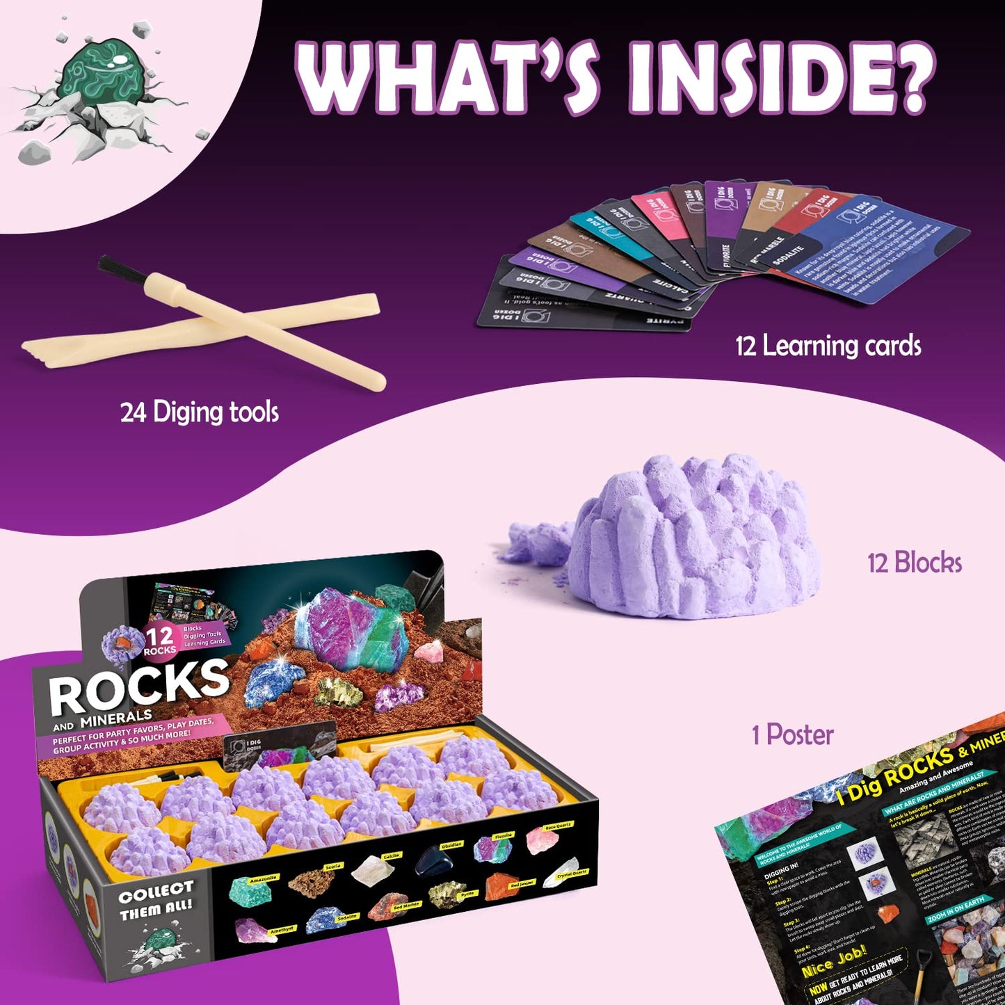 Gamerside Mineral Mining Kit Gem Dig Kit,Rock Dig Kit Dig up 12 Rock & Mineral Collection Gemstones & Crystals Diamond Mining Kit for Kids Gemology Mining Gift Rocks Minerals for Boys Girls