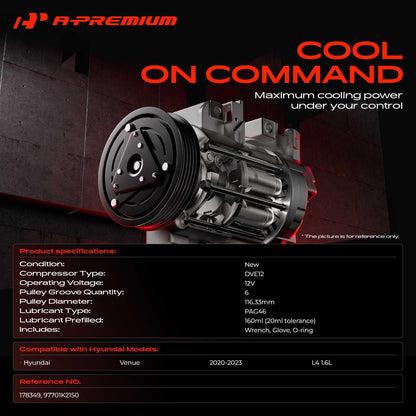 A-Premium Air Conditioner AC Compressor with Clutch Compatible with Hyundai Venue 2020 2021 2022 2023, 1.6L, With DVE12 Compressor, with 6-Groove Pulley