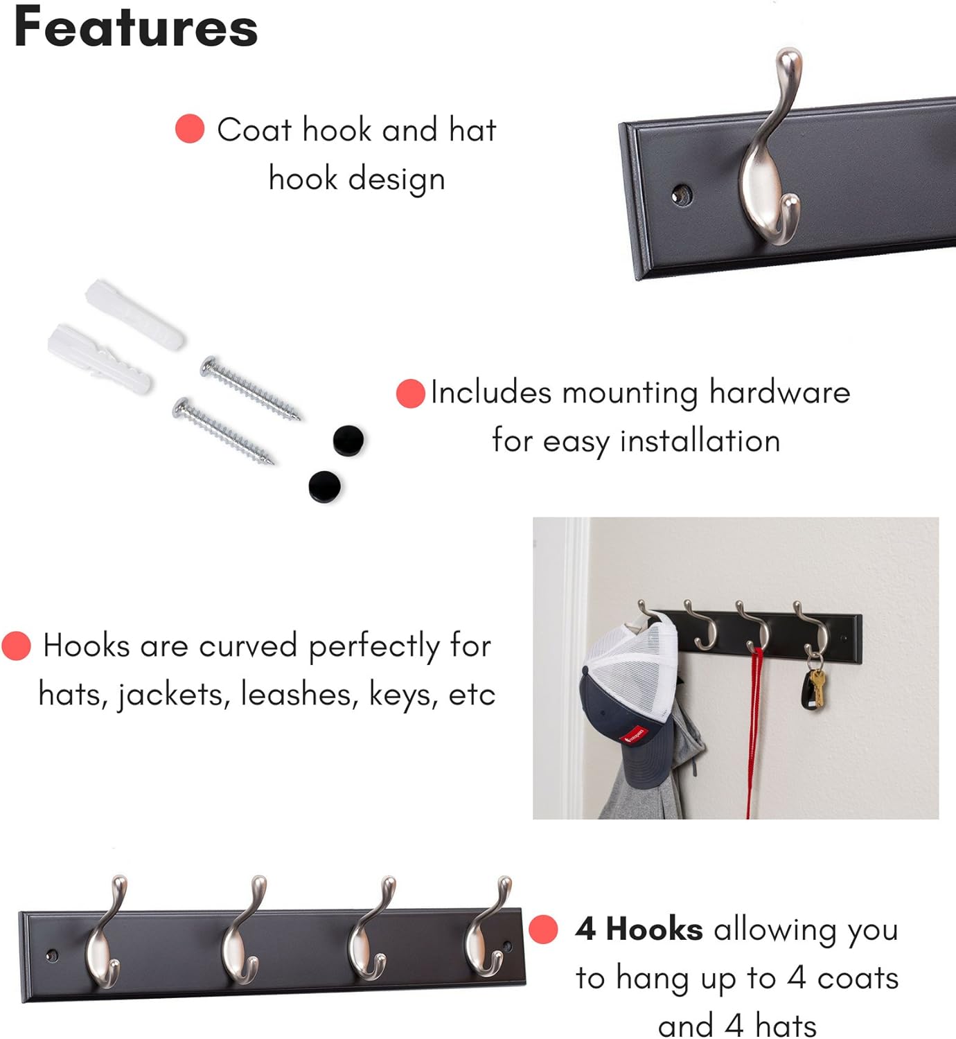BIRDROCK HOME Oval Hook Coat and Hat Rack, 4 Hooks, Wall Mount, Black Finish