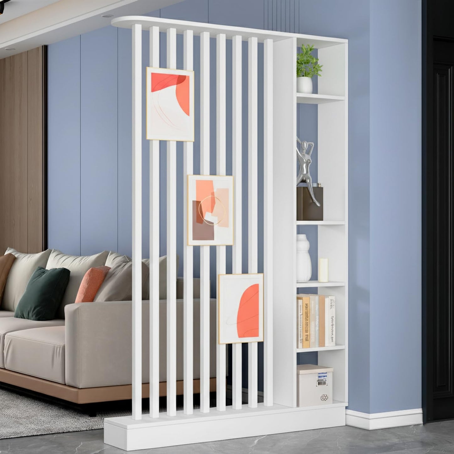 Wall Room Divider, Freestanding Wood Room Divider Shelf with Shelves, Divider Screen Separator Screen with Storage, Wall Divider for Room Separation, for Home Office Decorative(White,47.2IN)