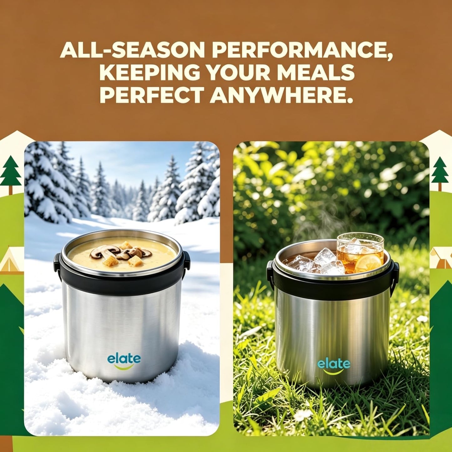 Elate 2-Quart/64oz Camp Crock Thermos for Hot/Cold Food, Wide-Mouth Thermal Container, Stainless Steel Vacuum-Insulated Jar, Portable Lunch Pot for Outdoor Adventure, Camping, Picnics, Trips, Potlucks
