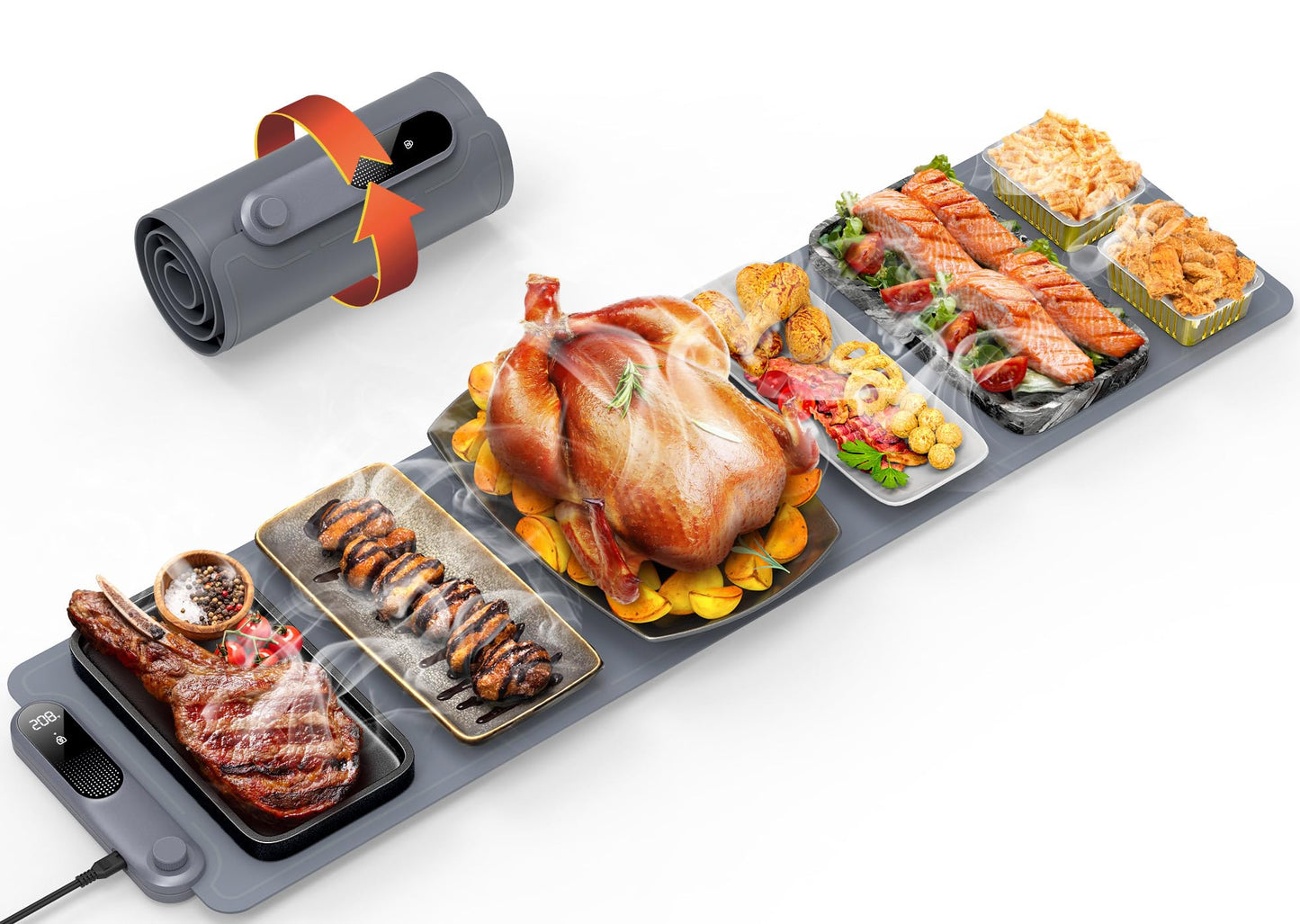 FEPPO Warming Mat for Food, Extra-Long Size 42"x12", Fast Full-Surface Heating Food Warming Mat with 6-Hour Timer & 19-Level Temperature Control, Roll Up Food Warmers for Parties Buffet
