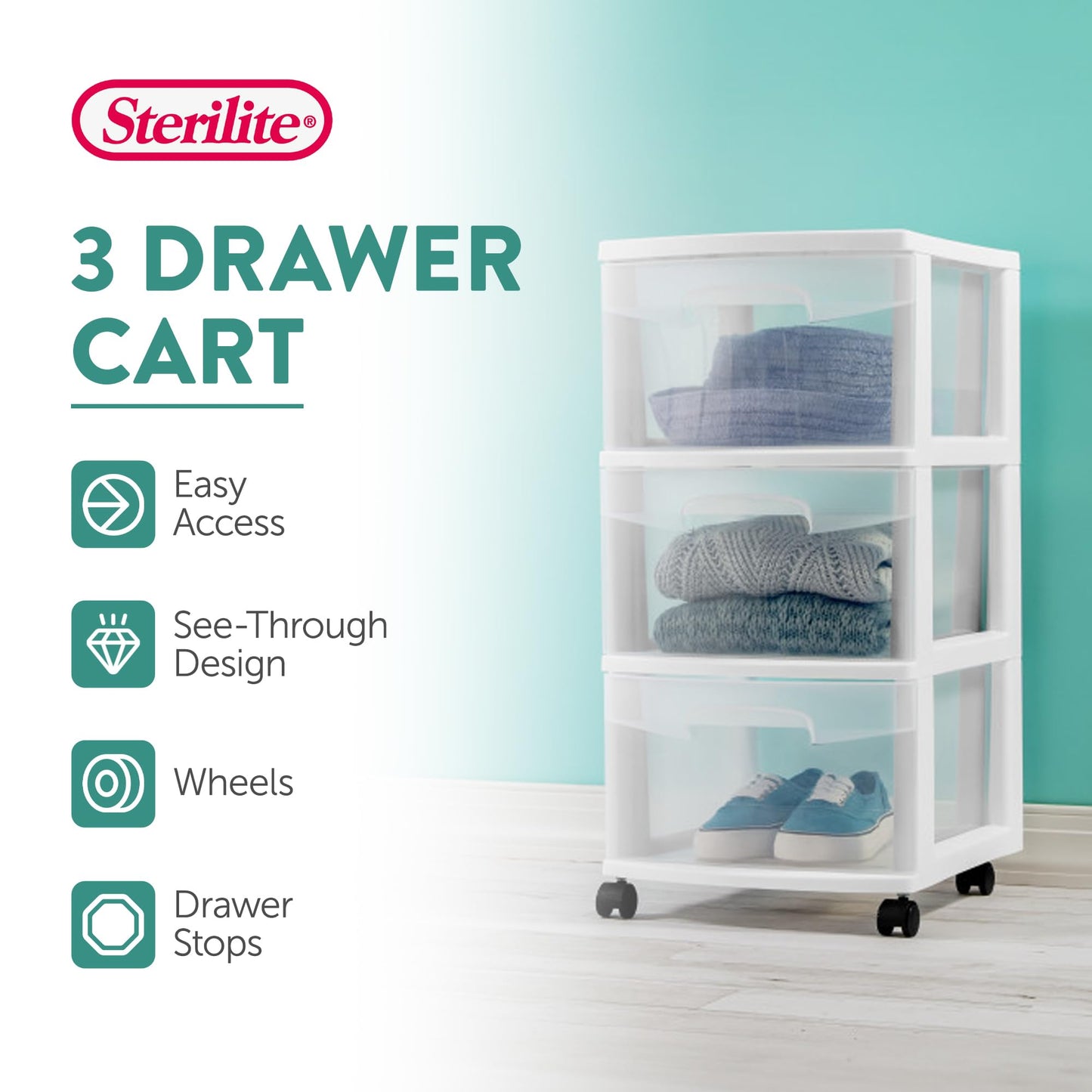 Sterilite 8 Pack Plastic Storage Organizer, 3 Drawer Rolling Bin Cart, Closet Organization, White