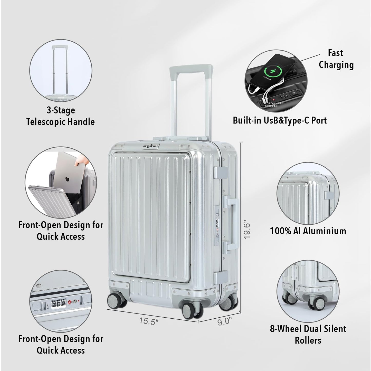 Magallanes 20 Inch All Aluminum Carry On Luggage with Front Laptop Pocket - Zipperless Hard Shell Suitcase for Business Travel, TSA Approved, Silent Spinner Wheels, USB Charging Port, Silver