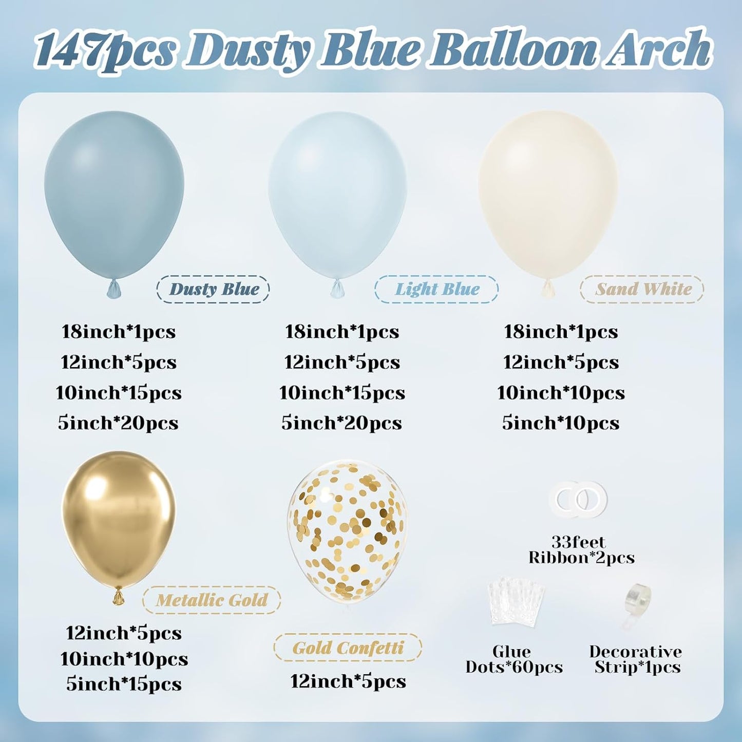 147pcs Dusty Blue Balloon Garland Arch Kit, Light Baby Blue Sand White Metallic Gold Confetti for Birthday Wedding