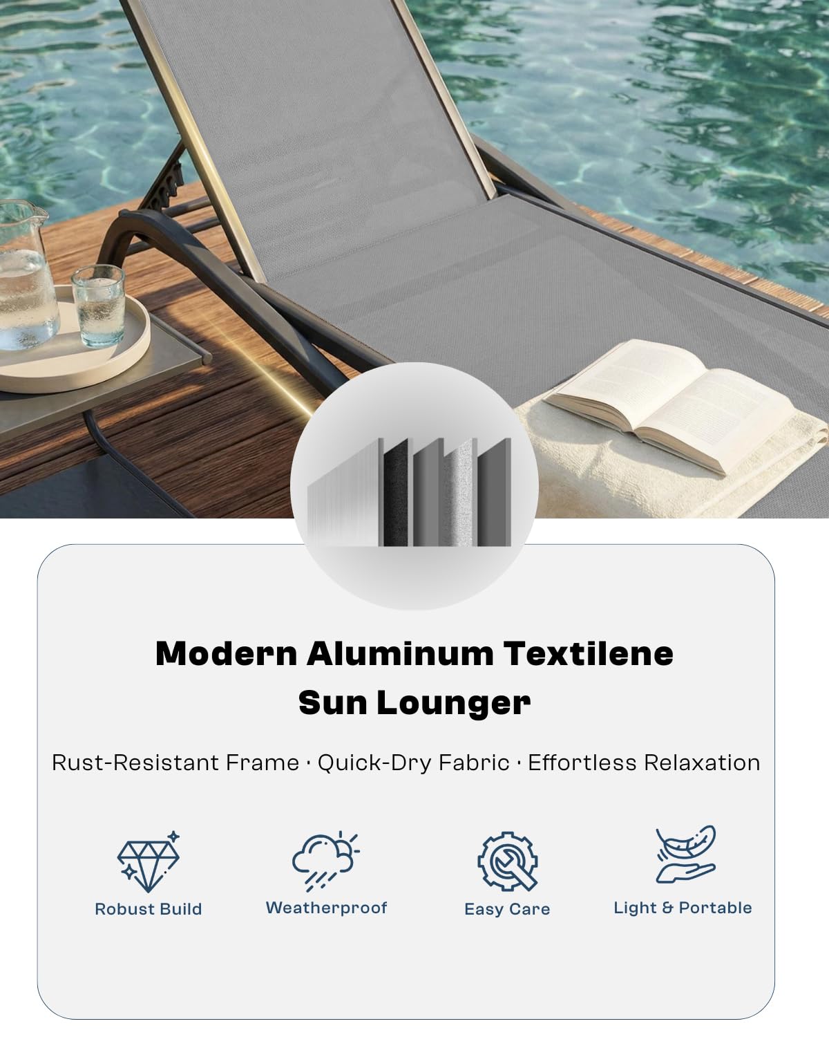 Patio Kingdom 3-Piece Patio Chaise Lounge Set with Side Table, Set of 2 Adjustable Pool Chairs and Aluminum Bistro Table, All-Weather Outdoor Furniture for Pool Deck, Patio & Tanning, Light Grey