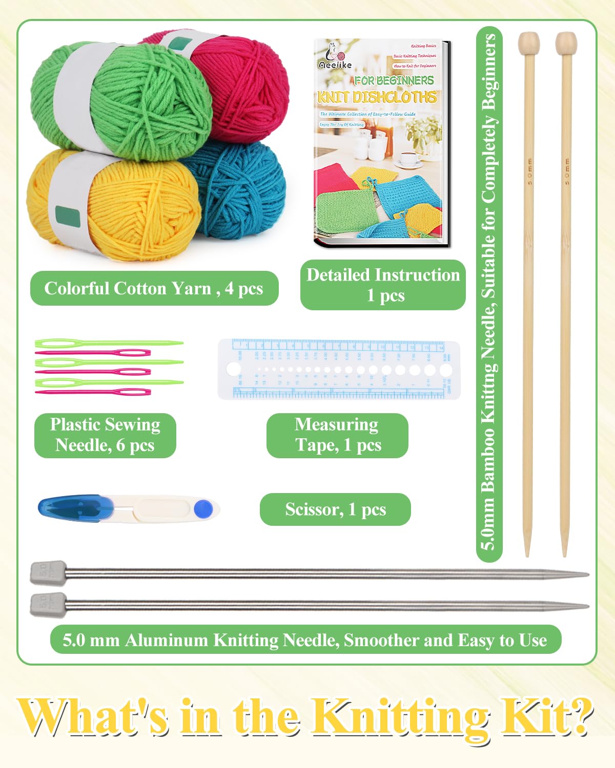 Aeelike Knitting Kit for Beginners, Complete Beginner Knitting Kit Easy Knitting Set Including Knitting Needles Set Cotton Yarn, Learn to Knit Dishcloth with Step-by-Step Instructions, Colorful