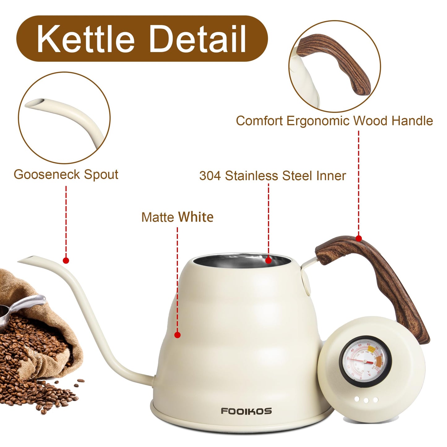 Tea Kettle gooseneck with Thermometer for Pour Over Coffee & Tea, 42 fl oz, Premium Stainless Steel, Accurate Temperature Control, Ideal Spout for Precision Pouring, Compatible with all Stovetop