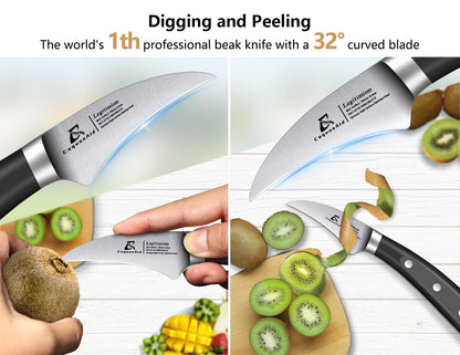 Paring Knife Set, 2PCS Small Kitchen Knives for Fruit, 3.8 Inch Fruit Knives and 2.75 Inch Bird Beak Peeling Knife, Premium Germany Stainless Steel Ergonomic Handle, Elegant Black Ideal for Gift