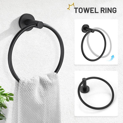 TURS Matte Black 5 Piece Bathroom Hardware Set, SUS304 Stainless Steel Bath Towel Bar Set, 24 Inch Round Bathroom Accessories Kit Wall Mounted
