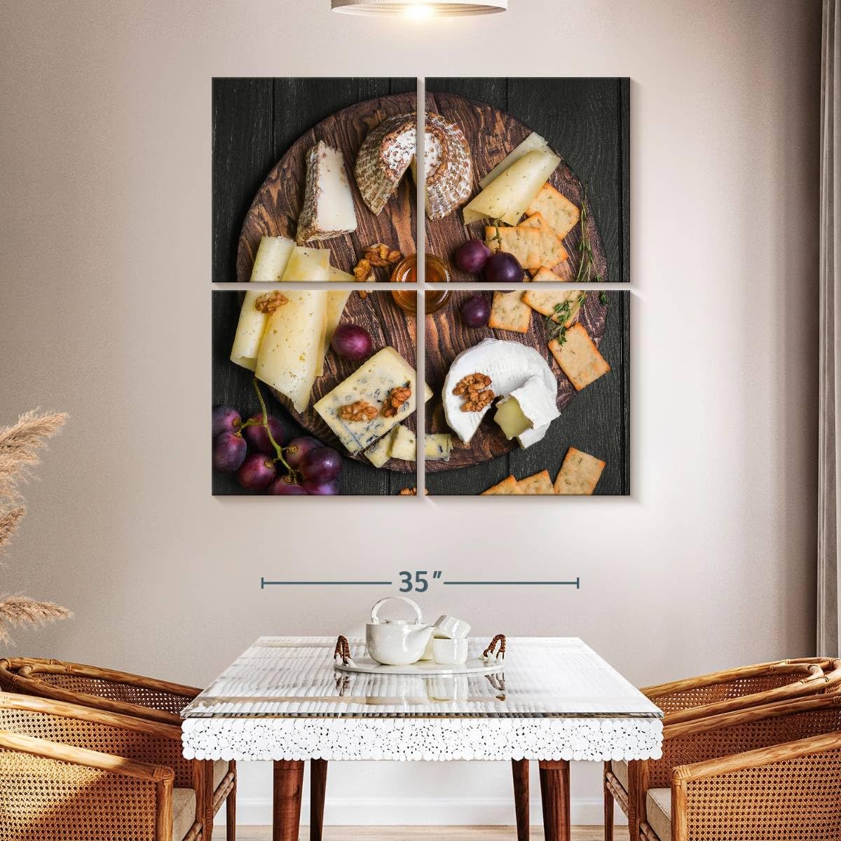 ElephantStock - Cheese Charcuterie Board Wall Art - Square Multi Panel Canvas - 4 Piece Dining Room Wall Decor - Photography Food And Drink Multi Piece Wall Art - Gray And Brown Decor - 45" x 45"