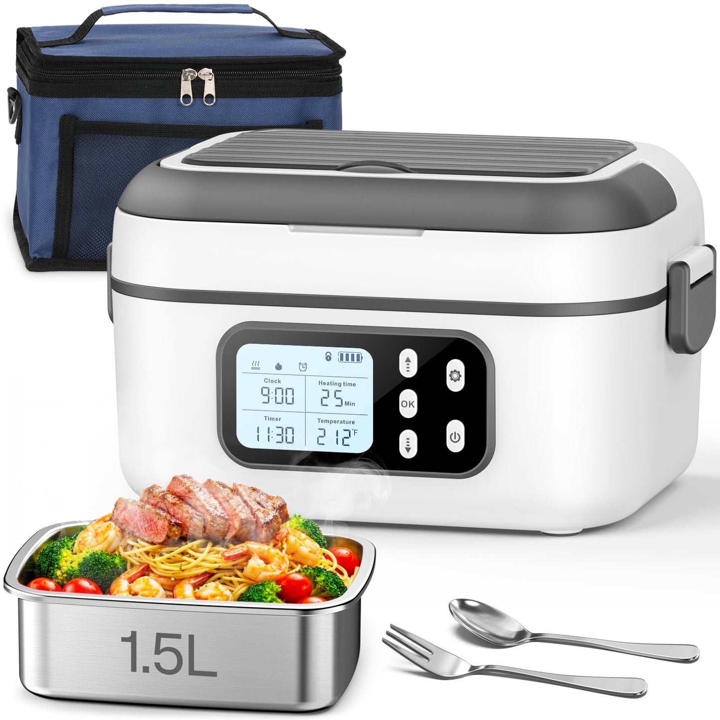 SOUOA Cordless Heated Electric Lunch Box for Adults with Automatic Heating, 100W Portable Food Warmer Battery Powered with Scheduled Heating, 6.3 Cup Food Heater for Men/Work/Office/Car/Truck (White)