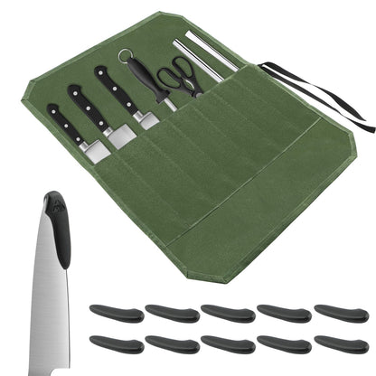 Knife Roll Bag, Chef’s Knife Roll Bag, Waterproof Waxed Canvas Pouch with 7 Slots, Multi-function Cutlery Knives Pouch Holder for Home Kitchen Travel Camping