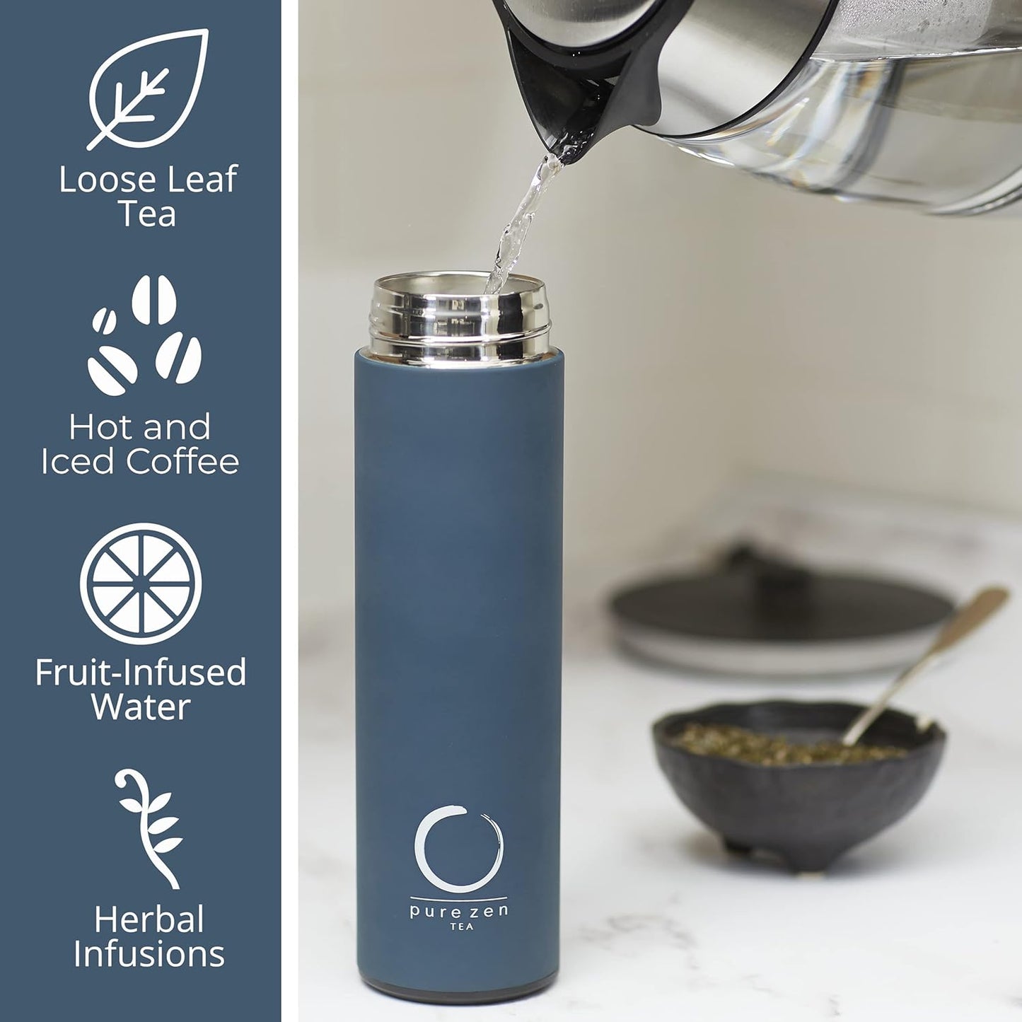 15oz Pure Zen Tea Thermos with Infuser for Hot and Cold Infusions - Stainless Steel - Tea Infuser Bottle - Leakproof