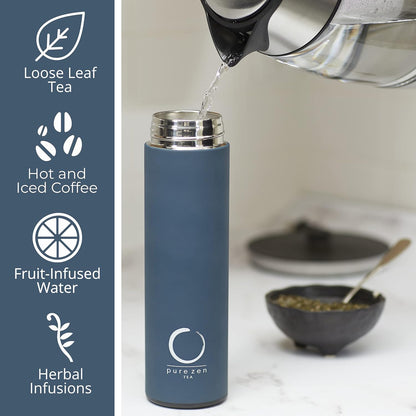 15oz Pure Zen Tea Thermos with Infuser for Hot and Cold Infusions - Stainless Steel - Tea Infuser Bottle - Leakproof