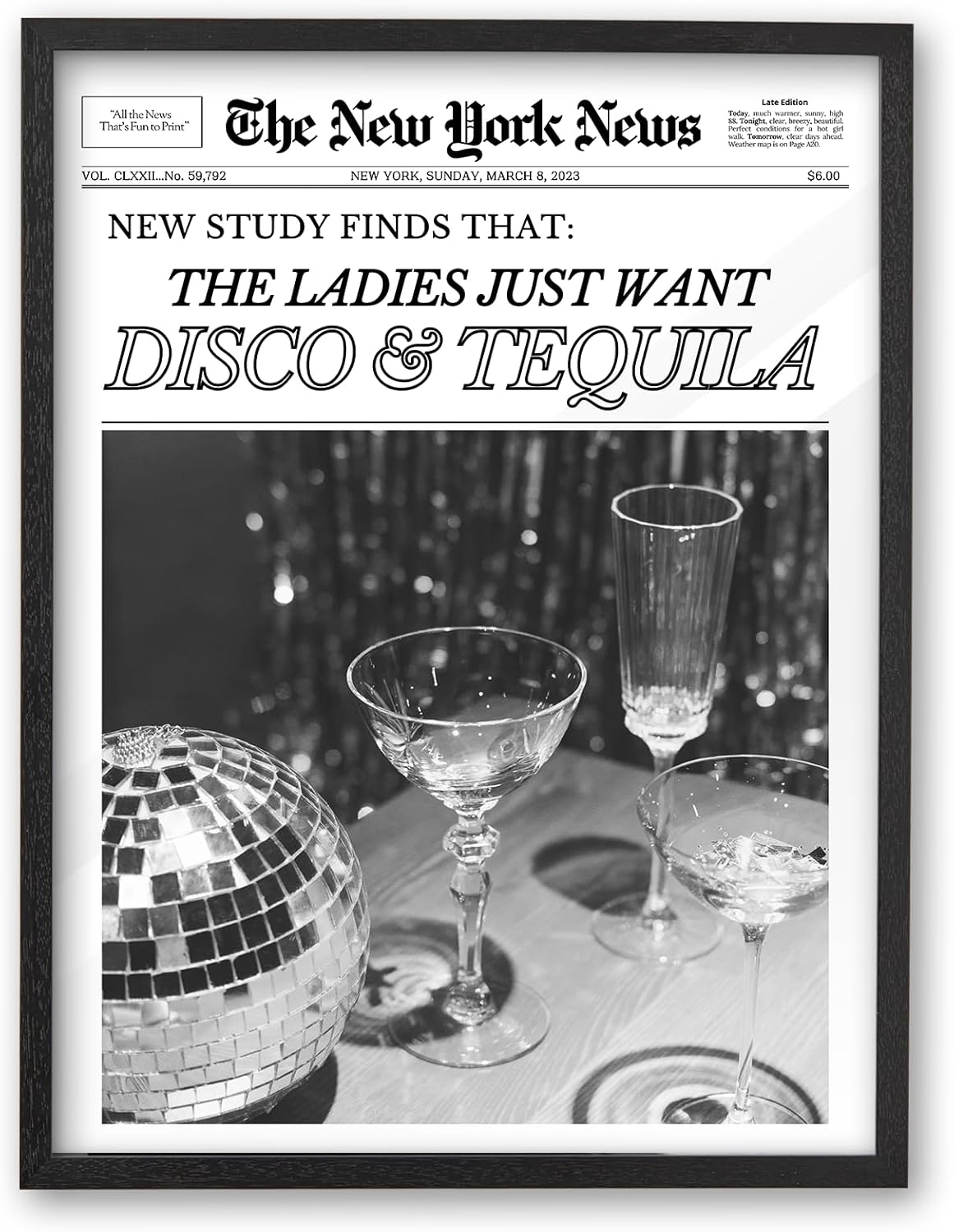 12x16in Set 1 iHery Natural Black OAK Wood Disco Tequila Newspaper Framed Wall Art, Trendy Modern Cocktail Bar Cart