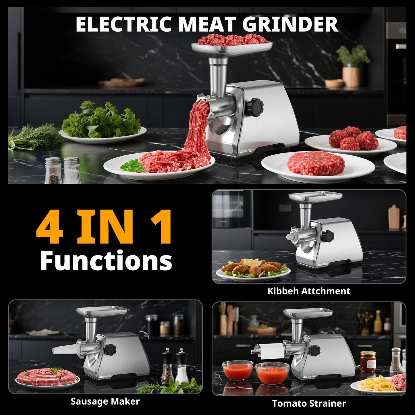 AIRMSEN Electric Meat Grinder & Tomato Sauce Press Maker with Strainer - Heavy Duty Food Mill Machine for Grinding Meat, Making Tomato Sauce, Sausage, Kibbeh for Home Kitchen Use