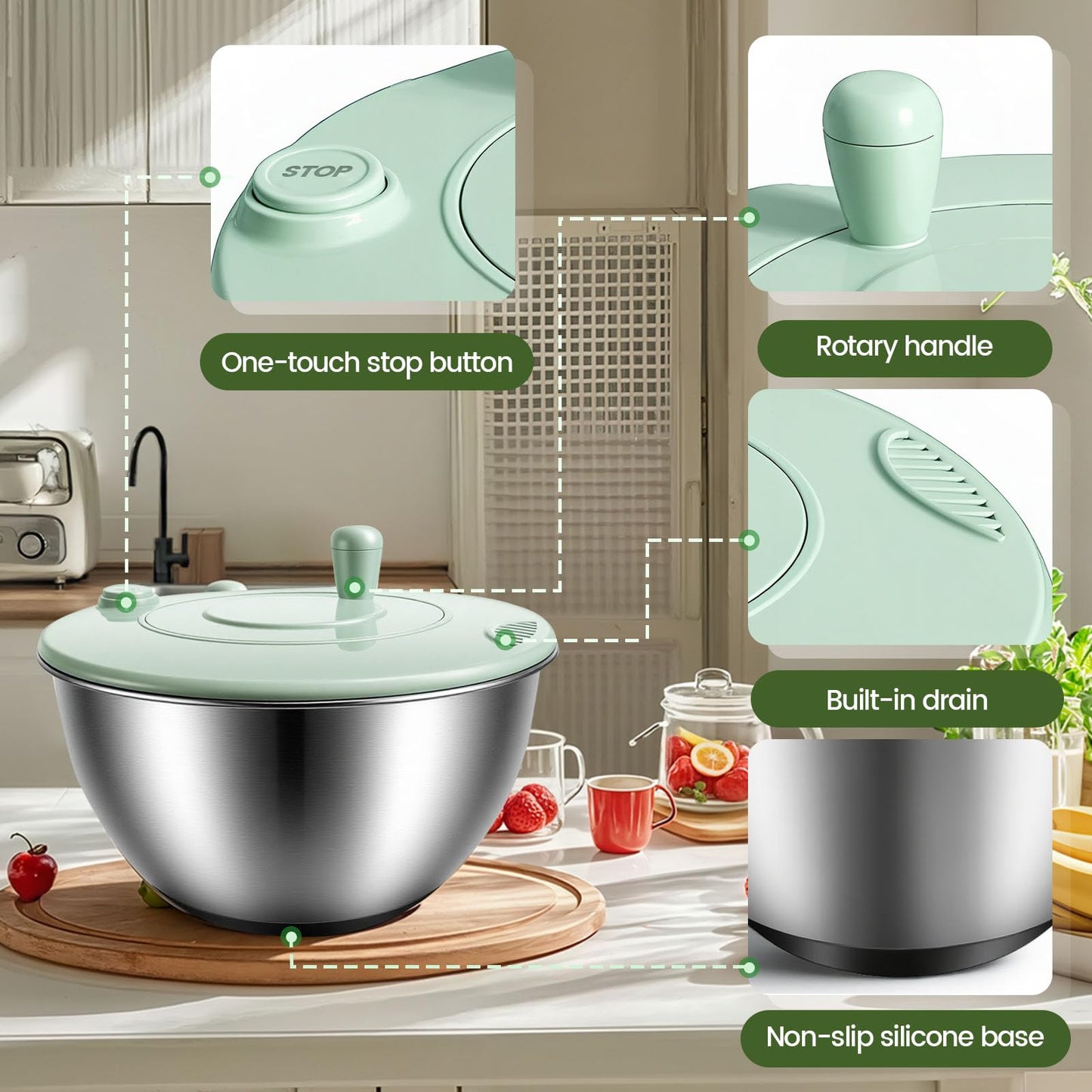 Stainless Steel Salad Spinner 3-in-1, One-Touch Stop and Non-Slip Base, Vegetable Dryer for Kitchens, Parties, and Health-Conscious People, 5.3 Qt