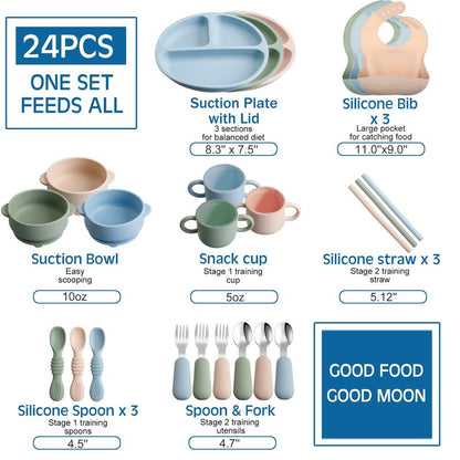 24 Pack Silicone Baby Feeding Set Baby LED Weaning Supplies Includes Suction Divided Plates Soft Bowl Spoons Forks Adjustable Bib Snack Cup and Straws(Gray Blue, Army Green, Beige)