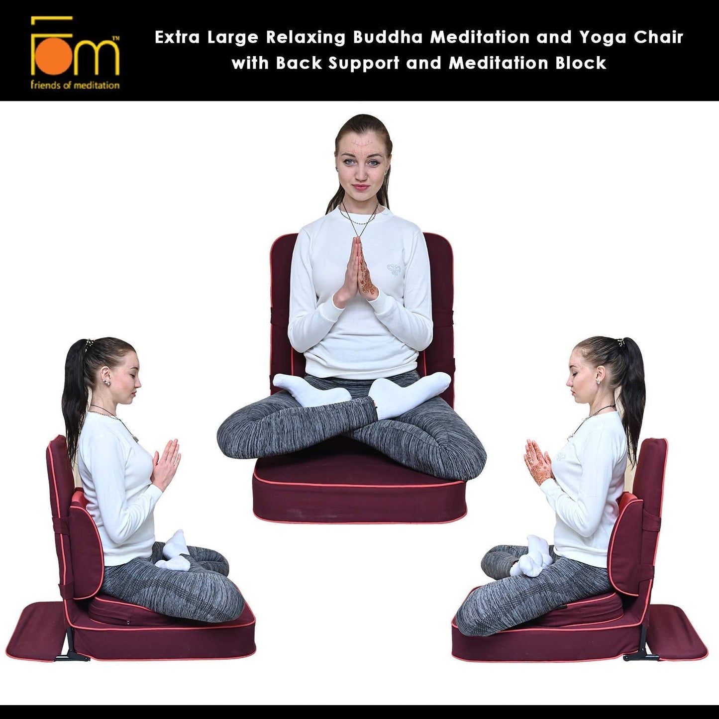Friends of Meditation Extra Large Meditation Chair | Floor Chair with Back Support | Yoga Chairs for Adults | Portable Folding Chair | Yoga Chair with Cushion & Meditation Block | Black | 24x22 in