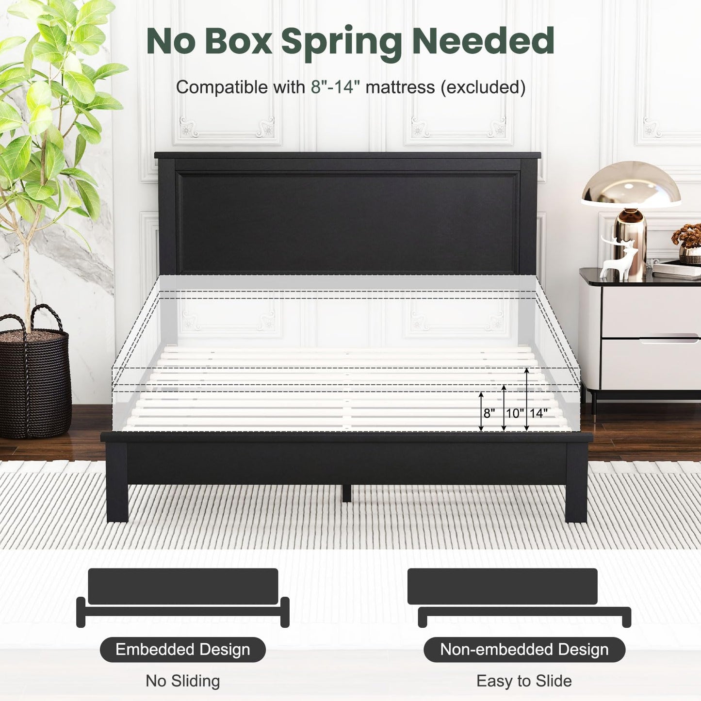 Giantex Wood Queen Platform Bed Frame with Headboard, Mid Century Bed Frame with Solid Wood Legs & Wooden Slat Support, Pallet Bed Mattress Foundation, No Box Spring Needed, Black