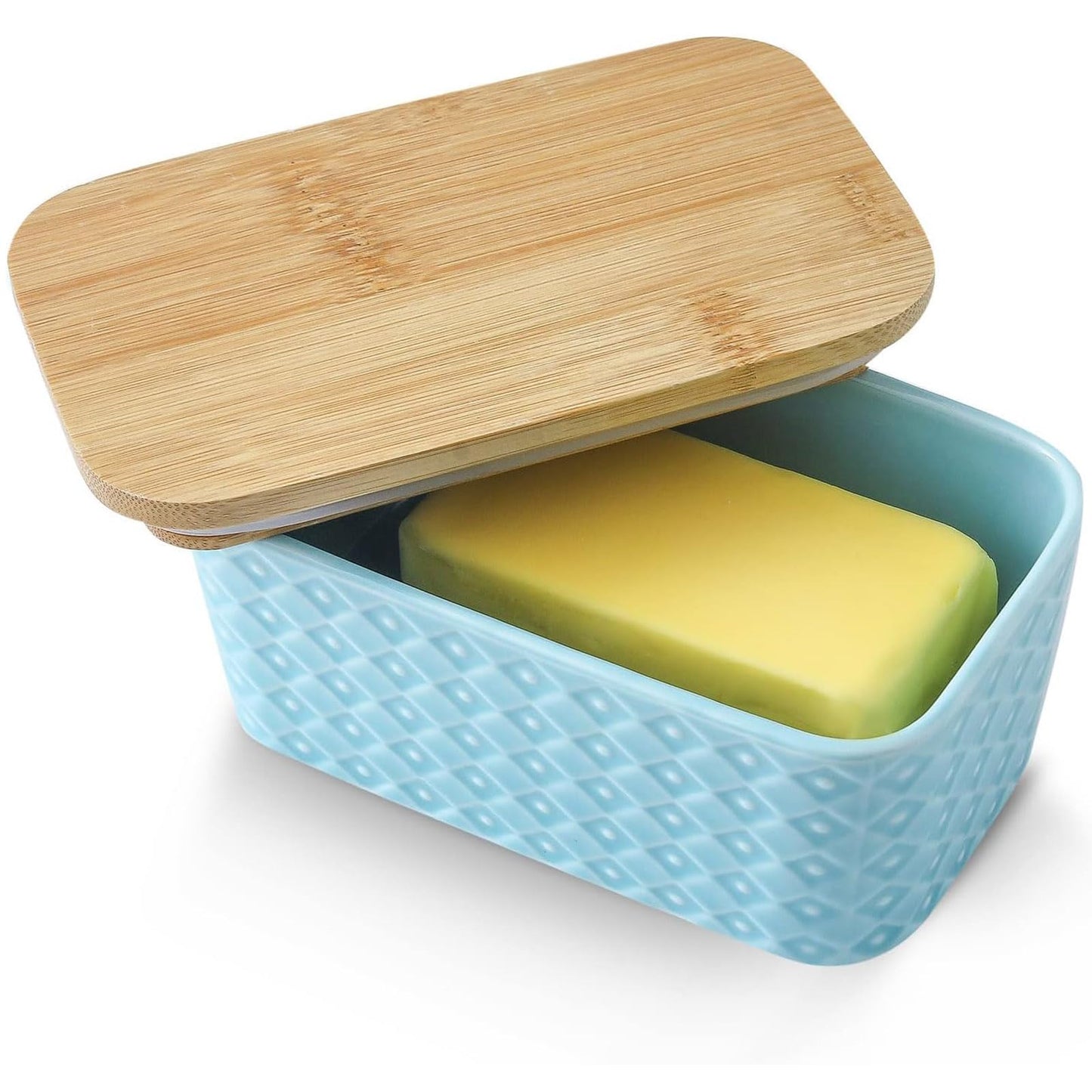 Hasense Farmhouse Butter Dish with Lid for Countertop, Butter Keeper & Holder, Butter Container for Fridge with Wooden Freshness Seal, Enhance Kitchen Decor, Holds Two Sticks of Butter, Turquoise
