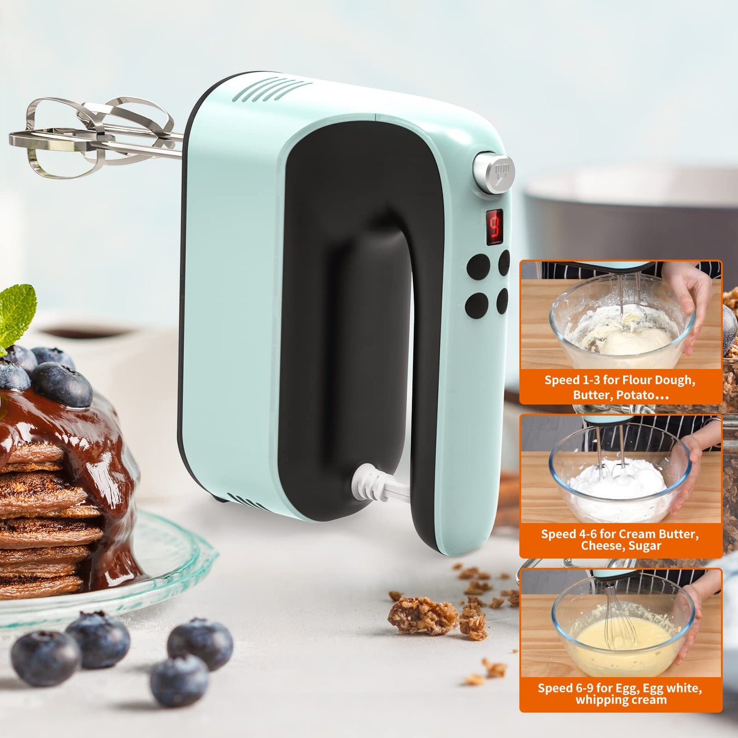 Yomelo 9-Speed Digital Hand Mixer Electric, 400W Powerful DC Motor, Hand Mixer Electric Handheld with Snap-On Storage Case, 5 Stainless Steel Accessories, Beaters, Dough Hooks, Whisk(Ice Blue/Black)