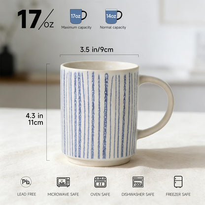 ALOFMO Ceramic Mugs Set of 6, Modern 17oz Coffee Mugs, Stackable Coffee Cups with Handpainted Blue Stripe Pattern, Dishwasher and Microwave Safe Mugs for Home & Office