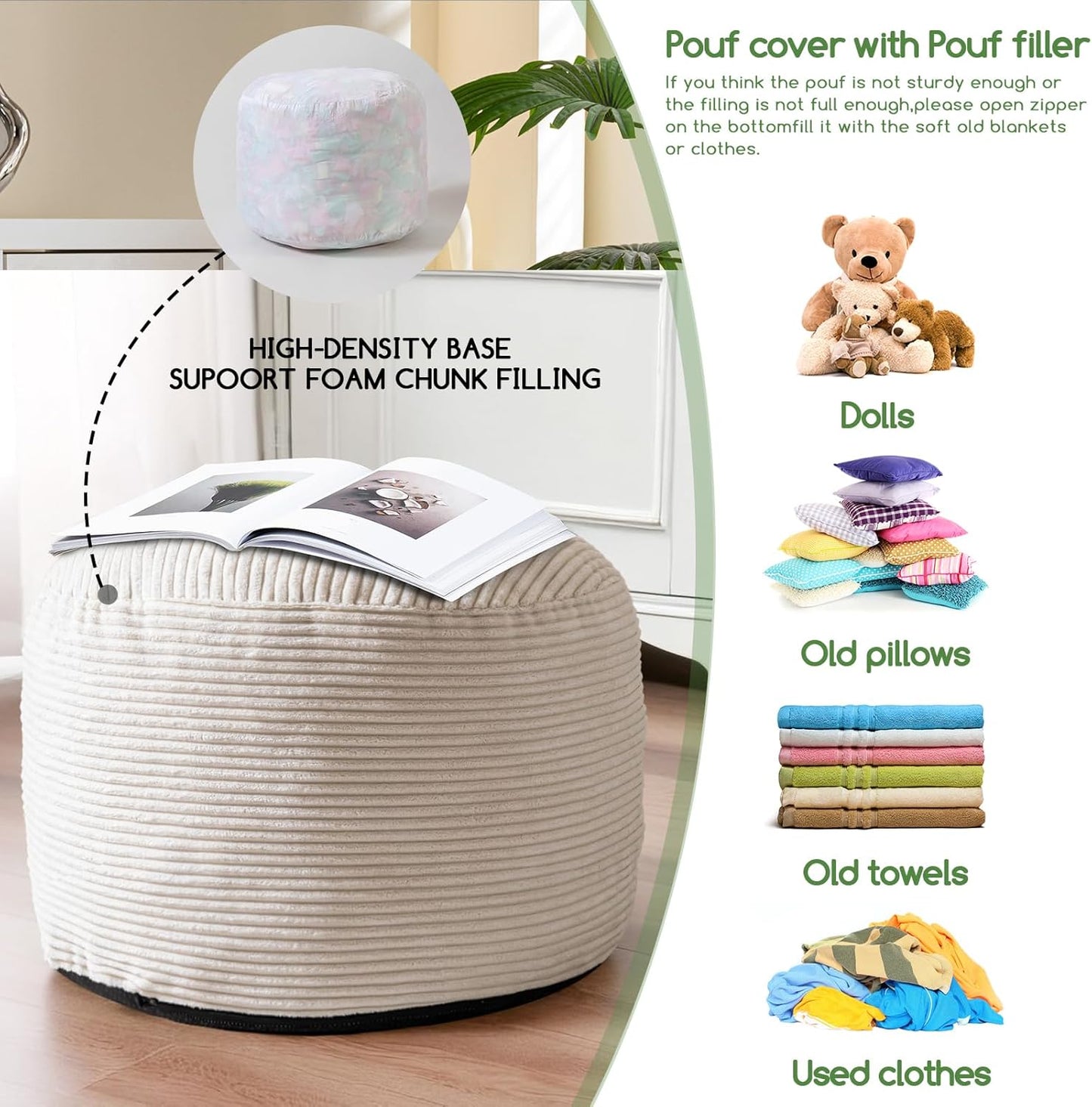 26 18 HIGOGOGO Round Stuffed Pouf Ottoman, Corduroy Poufs with Foam Chunk Filling, Corduroy Pouf Foot Stool Storage