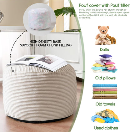 26 18 HIGOGOGO Round Stuffed Pouf Ottoman, Corduroy Poufs with Foam Chunk Filling, Corduroy Pouf Foot Stool Storage